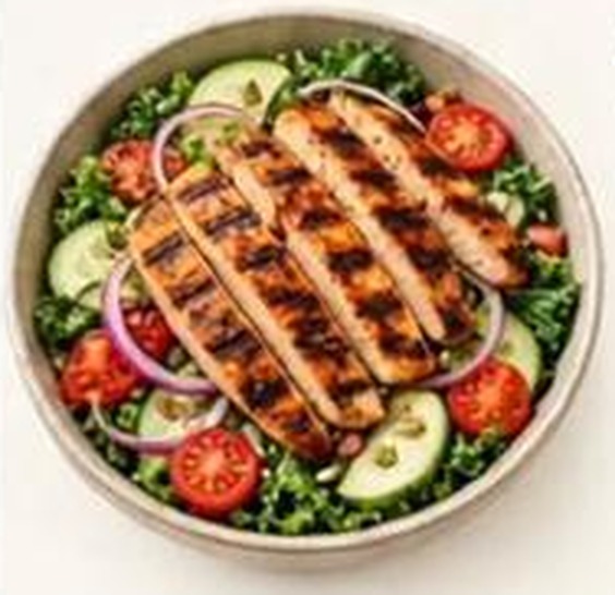 Chicken & BBQ Fruit Salad with grilled chicken, lettuce, cucumber and tomato