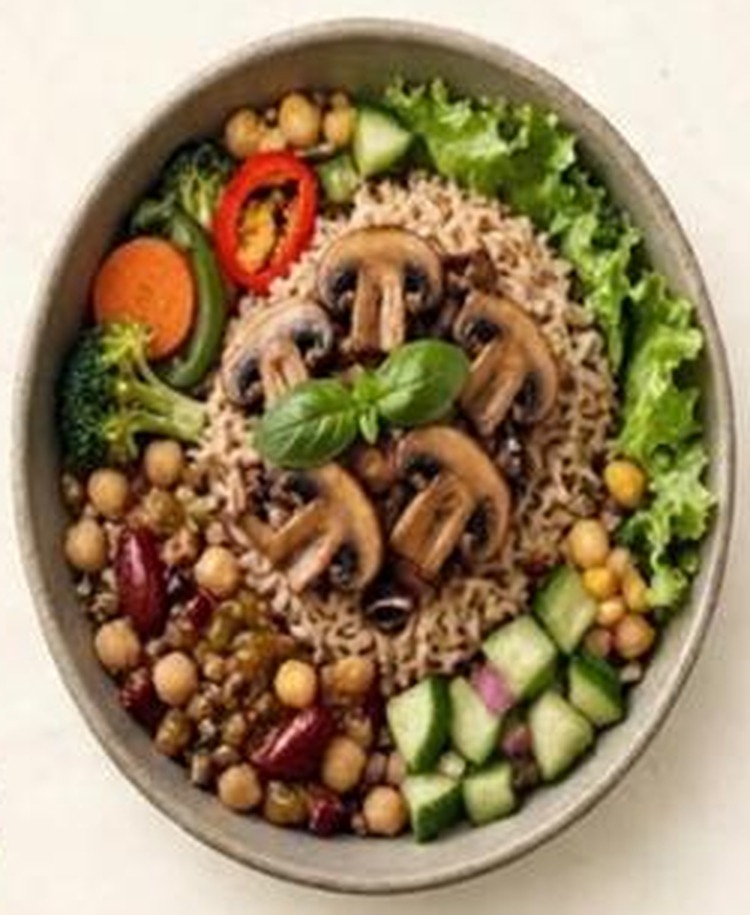 Mushroom Brown Rice & Veggies Bowl with brown rice, mushroom, grilled veggies and pulses